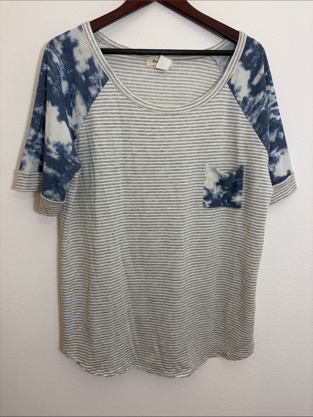 Lovely J Blue Tie-Dye Sleeve Striped Pocket Top